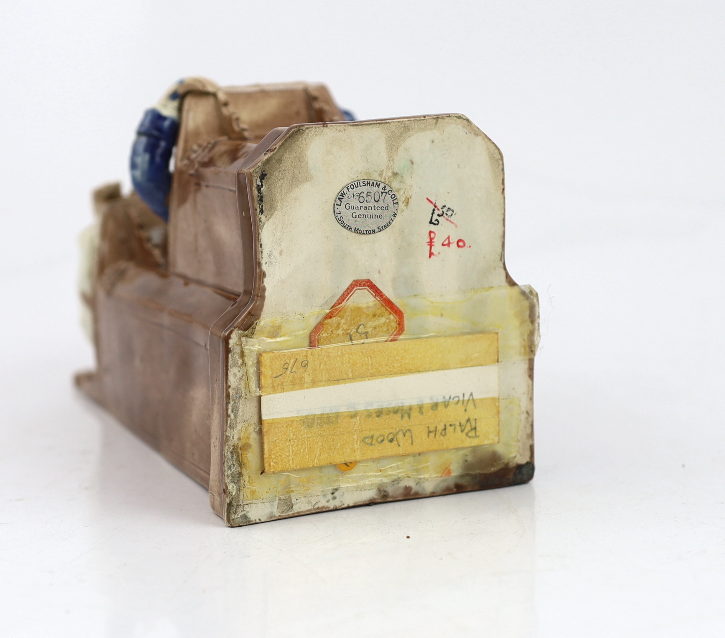 A Ralph Wood type creamware Vicar and Moses group, c.1790, hairline crack to back of pulpit